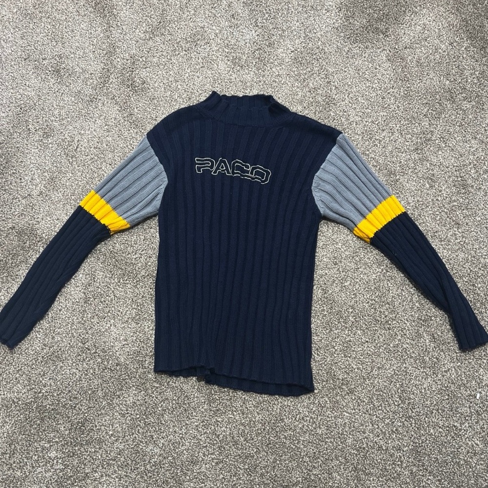 Vintage Paco Navy and Gray Crewneck Sweater with Yellow Accents